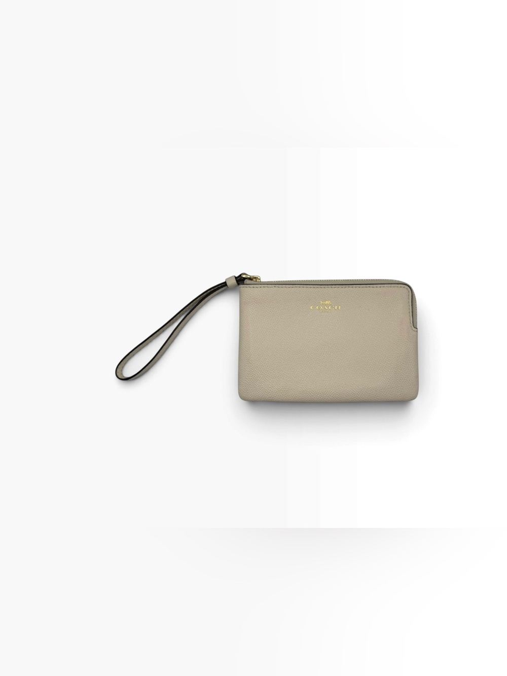 Coach Pebbled Leather Wristlet in Light Beige with Gold Logo